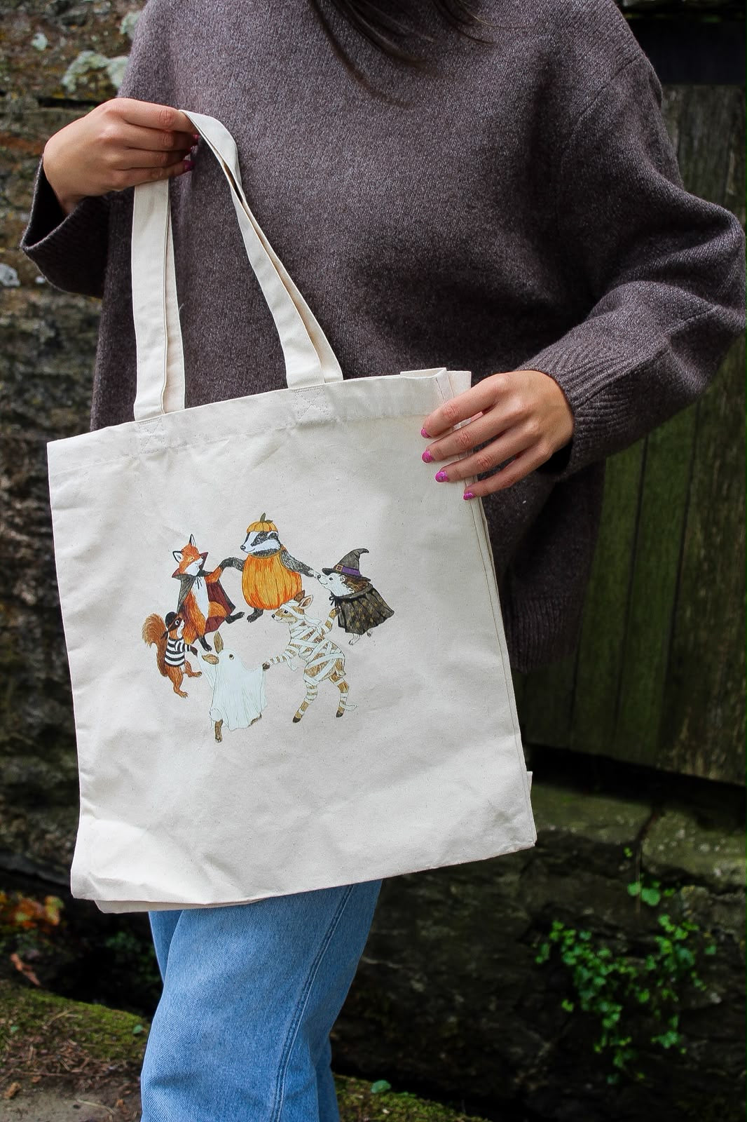 Dancing All Hallows’ Eve animals canvas tote