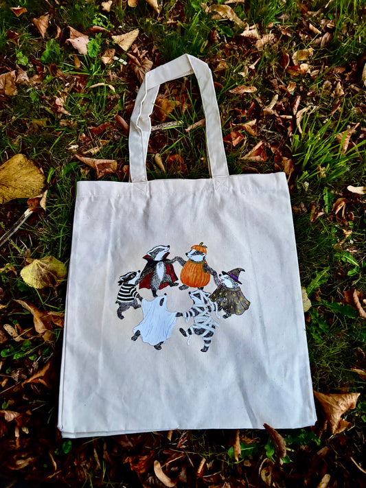 All Hallows’ Eve Dancing badgers canvas tote