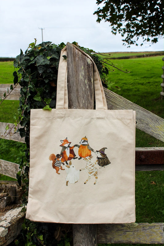 Dancing All Hallows’ Eve animals canvas tote