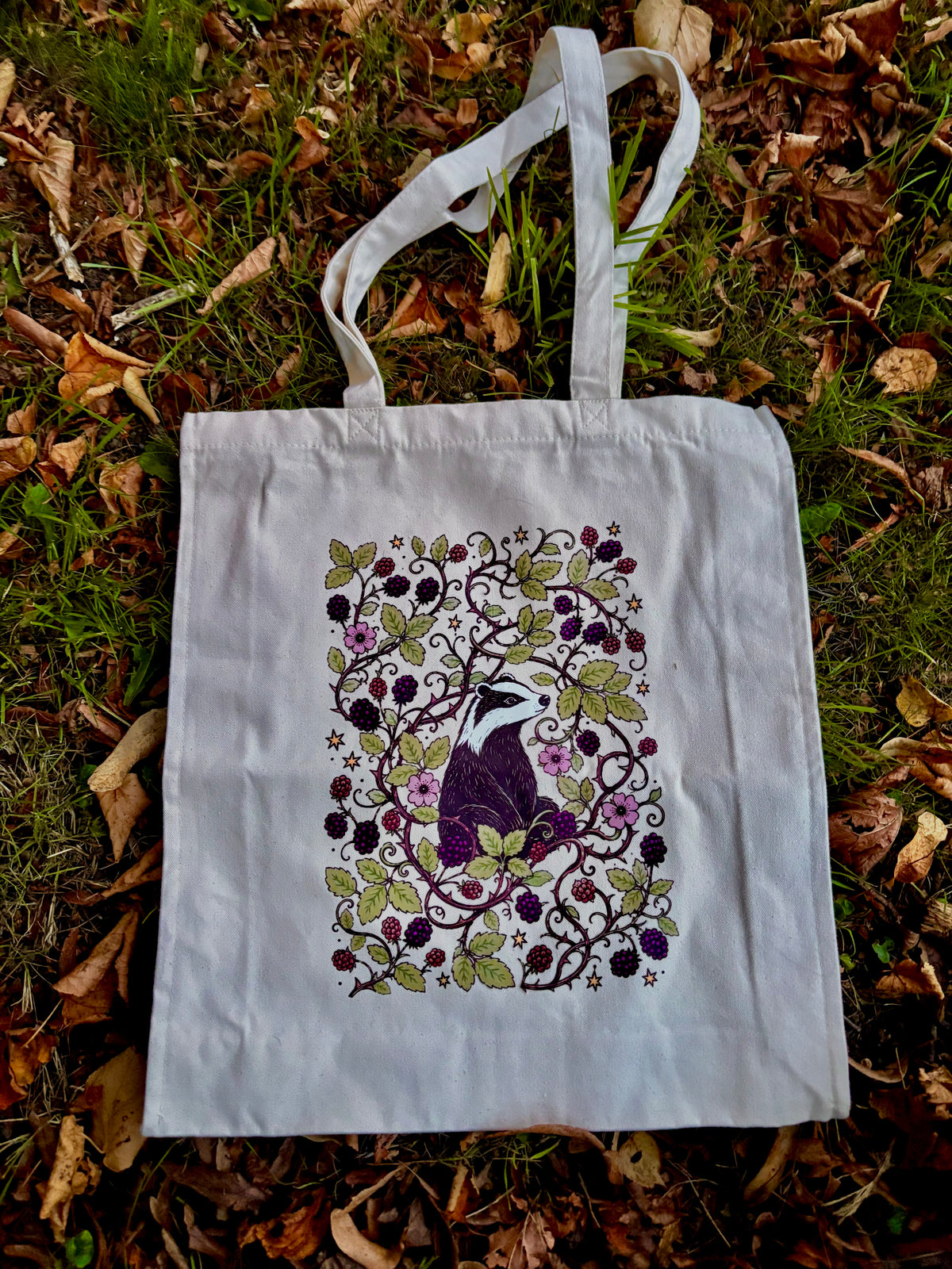 Badger in brambles canvas tote