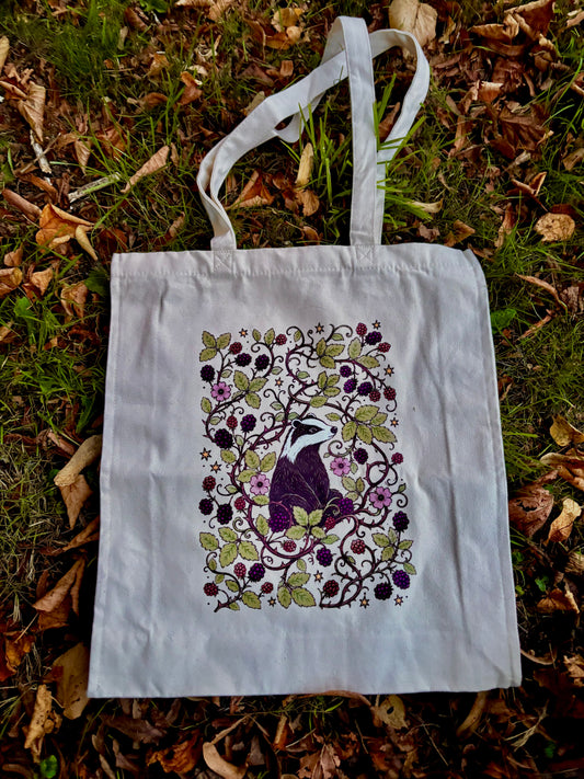 Badger in brambles canvas tote