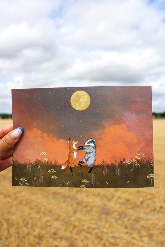 Dancing fox and badger A5 print
