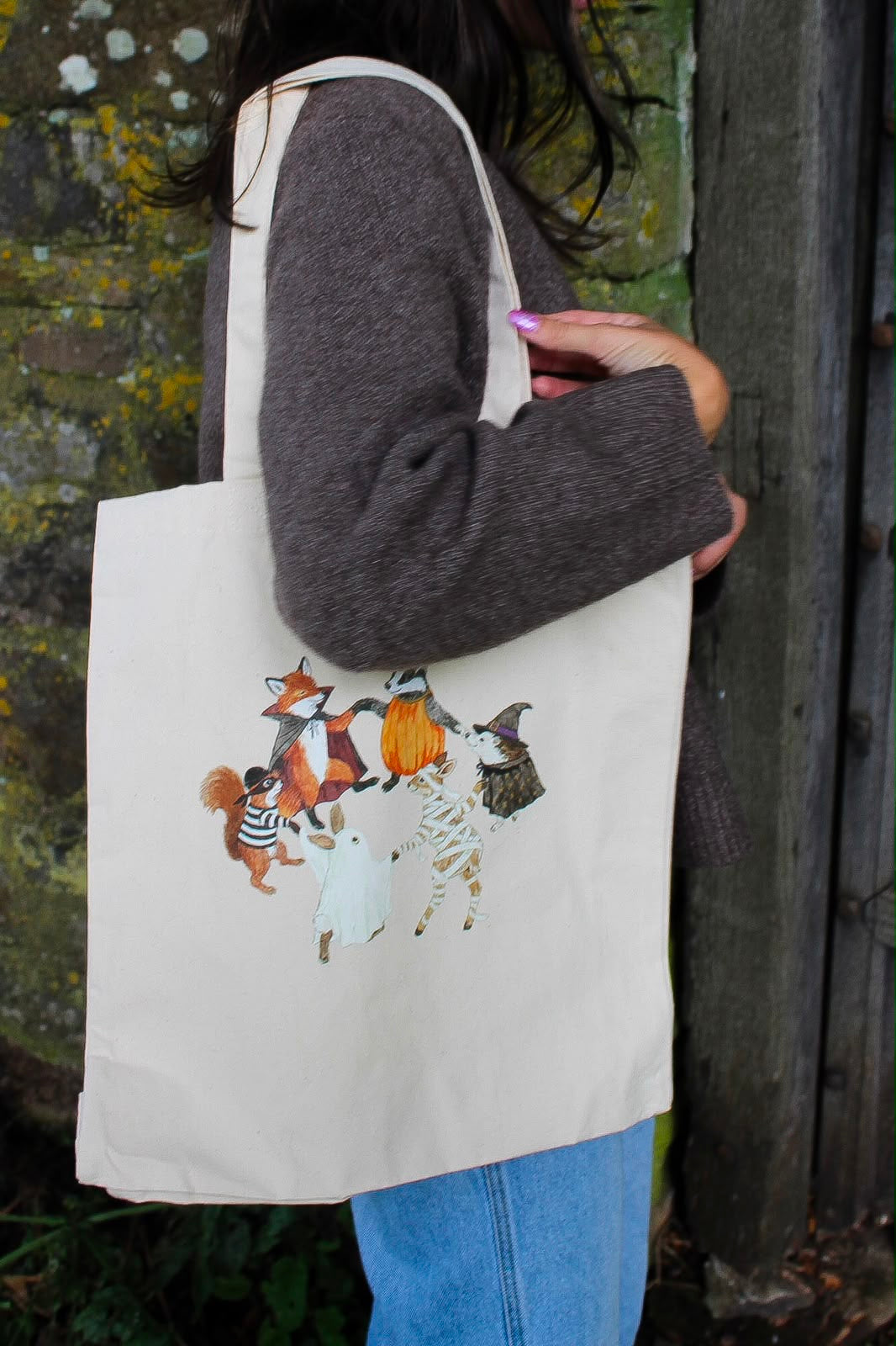 Dancing All Hallows’ Eve animals canvas tote